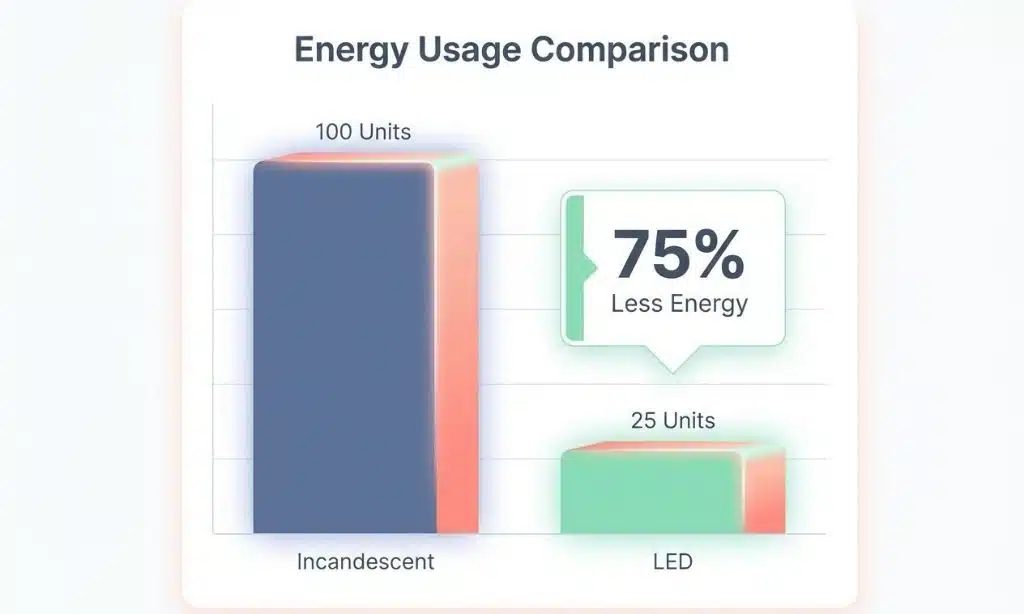 Bar chart comparing energy consumption of Incandescent vs LED lighting