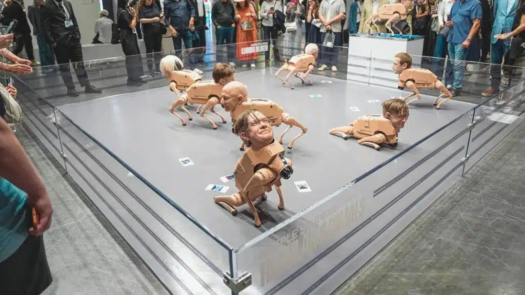 beeple unveils robot dogs with billionaire heads at art basel