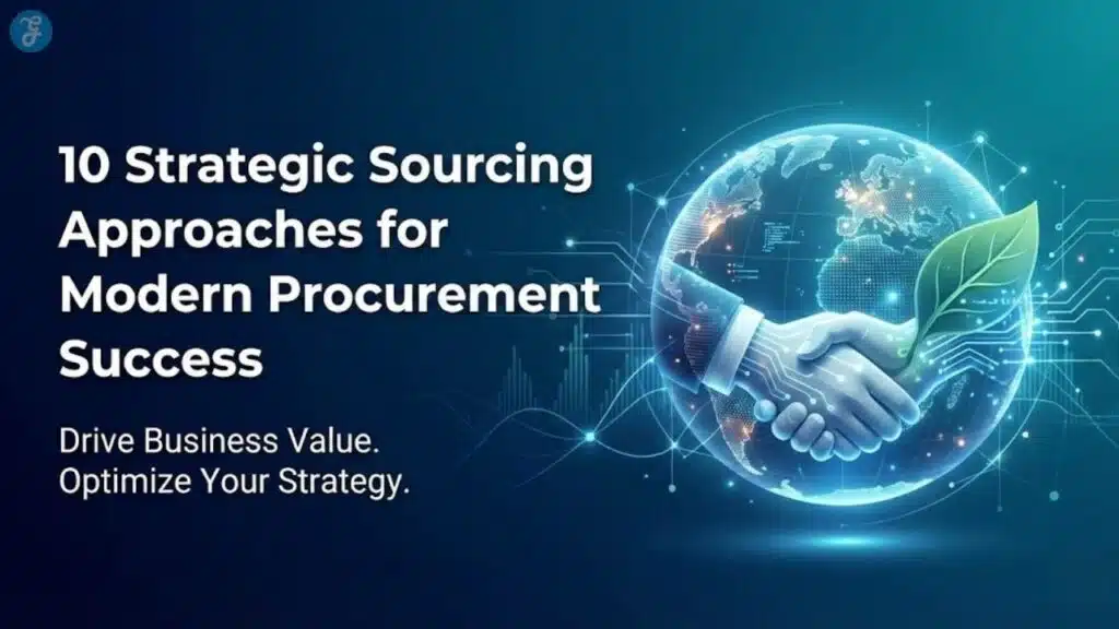 A modern, professional landscape graphic displaying the title "10 Strategic Sourcing Approaches" in bold typography. The background features a sleek, abstract office environment with digital overlays representing global connectivity, AI technology, and sustainable growth. Strategic Sourcing Methods featured image