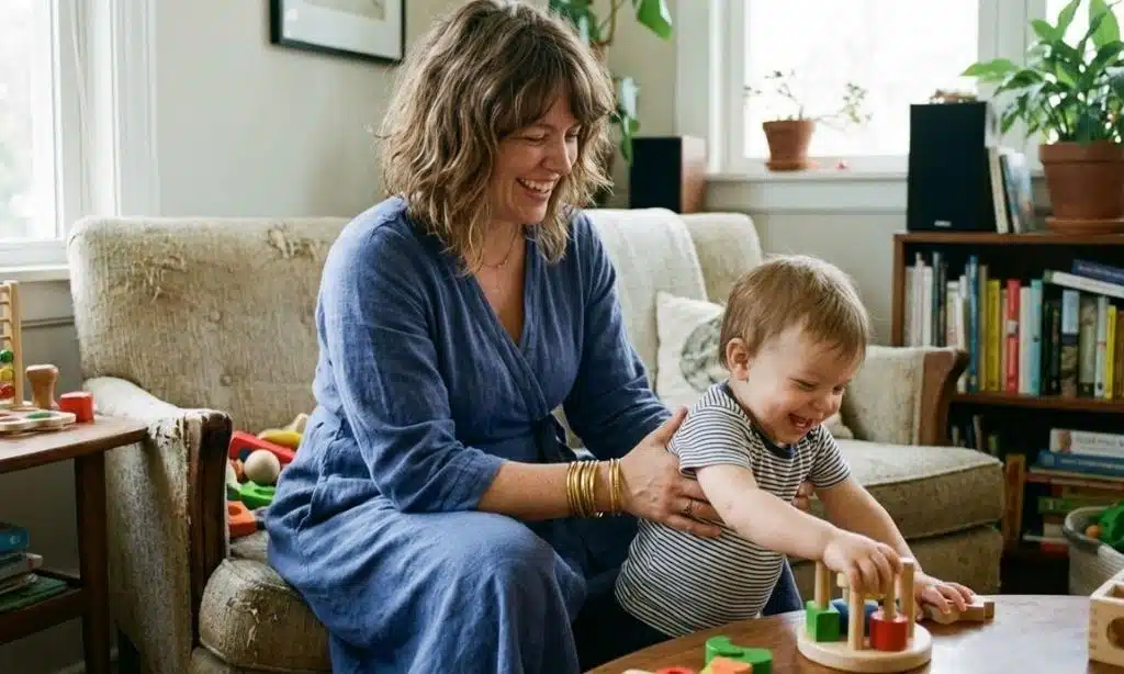 The mom holding a baby while looking stylish and confident