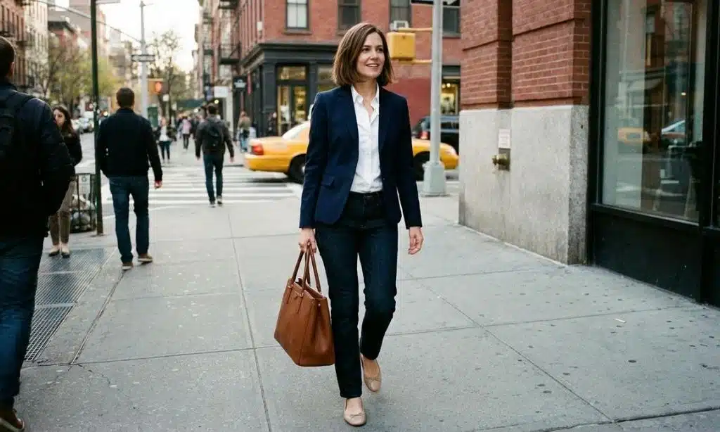 The stylish mom walking outdoors wearing a fitted blazer and jeans