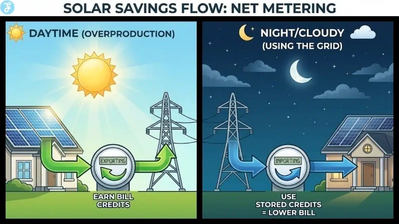 Diagram of solar net metering and utility bill credits.