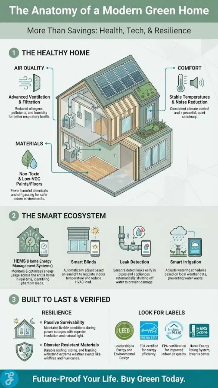 Infographic displaying the anatomy of a green home, detailing features like smart tech, non-toxic materials, improved air quality, and resilience.