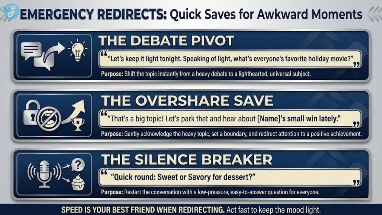 A professional cheat sheet infographic featuring three "Quick Save" phrases to redirect awkward or tense family dinner conversations.
