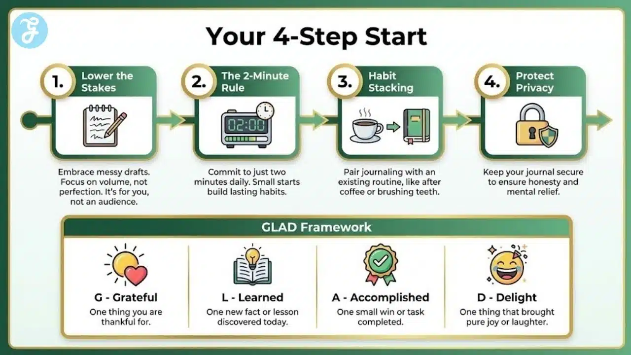A step-by-step infographic for journaling beginners featuring the 2-minute rule, habit stacking, and the GLAD daily framework.