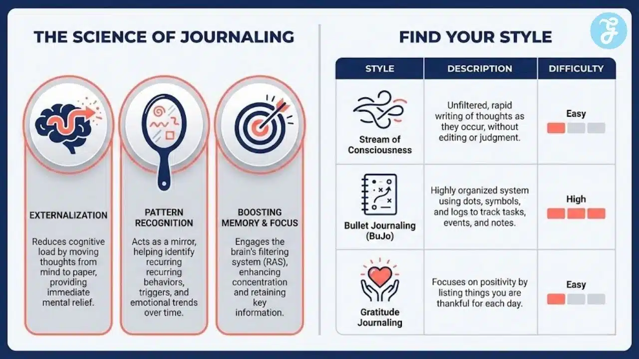 A professional infographic showing the three scientific benefits of journaling (Externalization, Pattern Recognition, and Focus) alongside a comparison of journaling styles.
