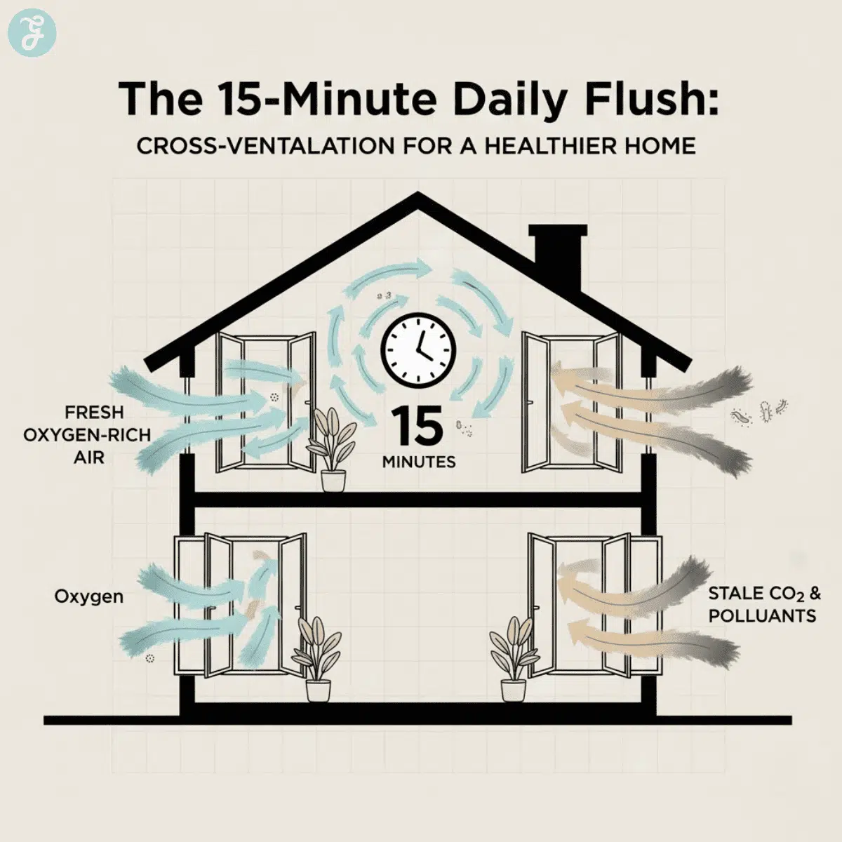 An infographic diagram illustrating the "15-Minute Flush" technique, showing cross-ventilation airflow removing indoor pollutants.