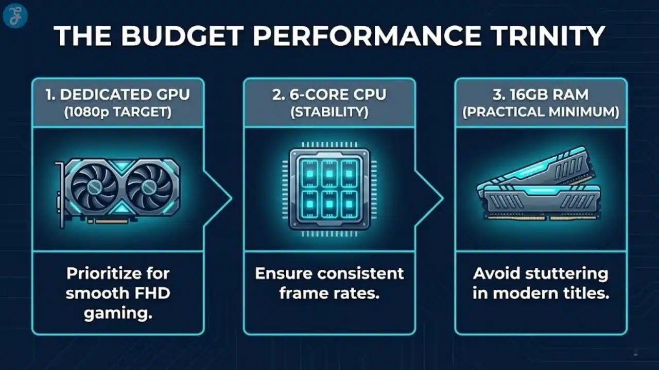 A 1280x720 infographic titled "The Performance Trinity" illustrating the three most important specs for budget gaming: dedicated GPU for FPS, 6-core CPU for stability, and 16GB RAM as the practical minimum.