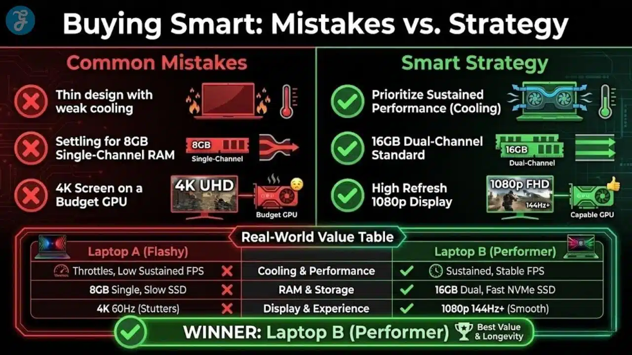 Comparison chart showing common gaming laptop buying mistakes versus smart strategies.
