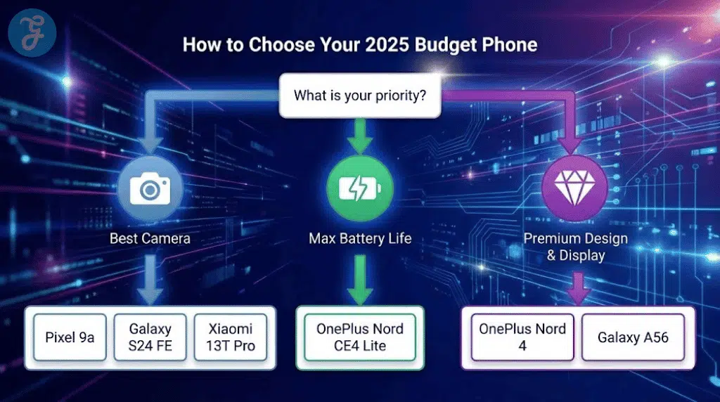 A flowchart infographic guiding users to choose a budget smartphone based on priorities like camera quality, battery life, or design.