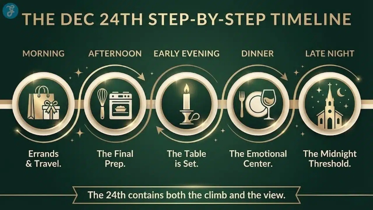 A horizontal timeline infographic showing the progression of a typical European Christmas Eve from morning errands to the midnight service.
