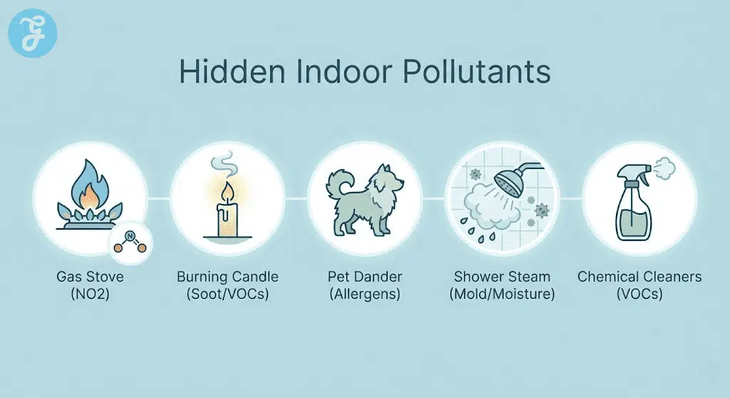 An infographic identifying common sources of indoor air pollution like gas stoves, candles, pets, excess moisture, and chemical cleaners.