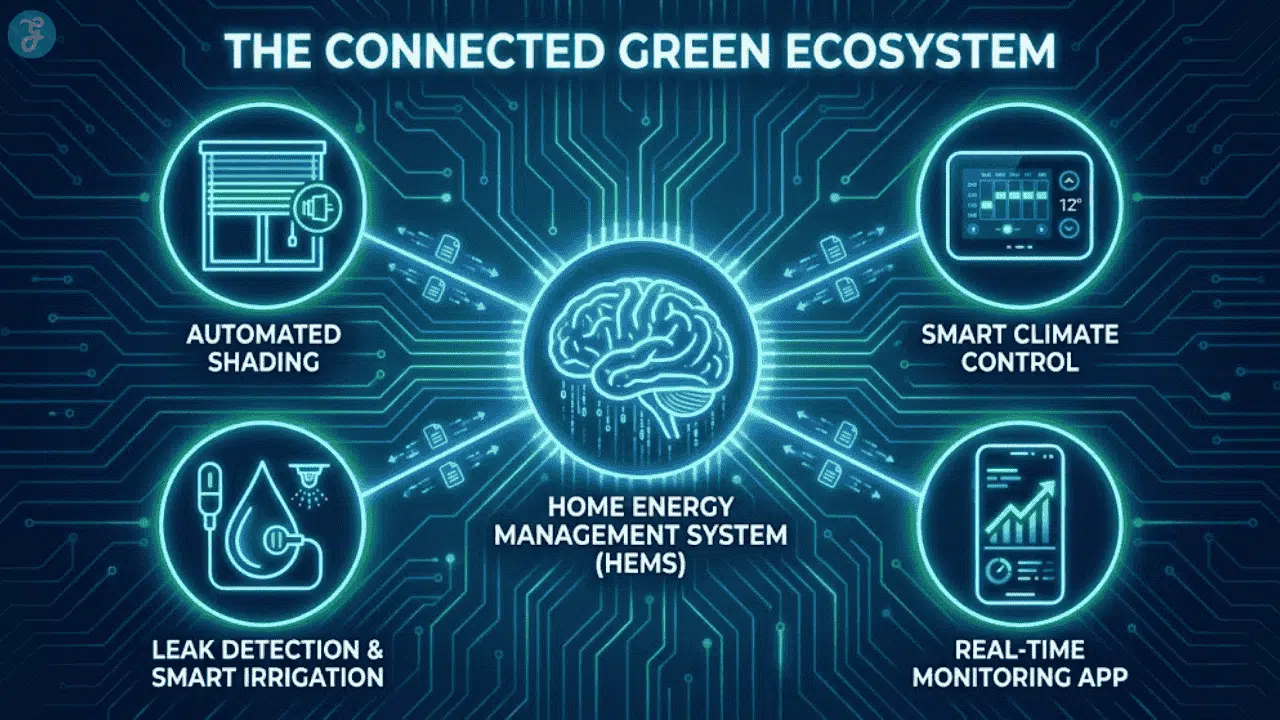 Diagram of a Smart Home Energy Management System connected to automated blinds, thermostat, and leak detectors. should homebuyers consider green real estate