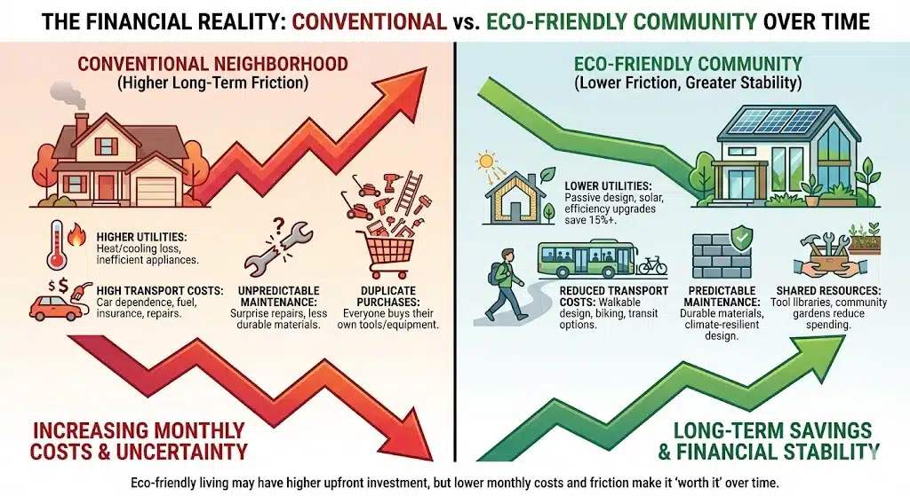 Comparison diagram illustrating how eco-friendly communities offer lower monthly costs and financial stability compared to conventional neighborhoods.