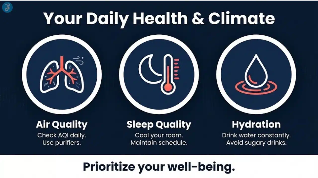 A professional landscape infographic showing the link between climate change and respiratory health, sleep quality, and hydration.