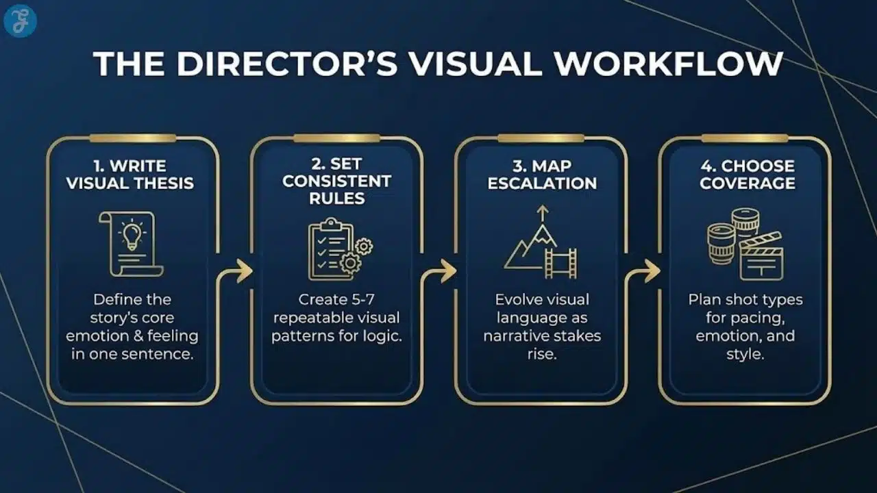 A 4-step process infographic showing the director-cinematographer workflow: Visual Thesis, Set Rules, Map Escalation, and Coverage Philosophy.
