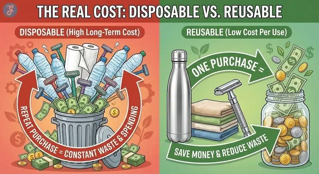 Infographic comparing the high long-term costs of disposable items versus the low cost-per-use of reusable eco-friendly swaps.