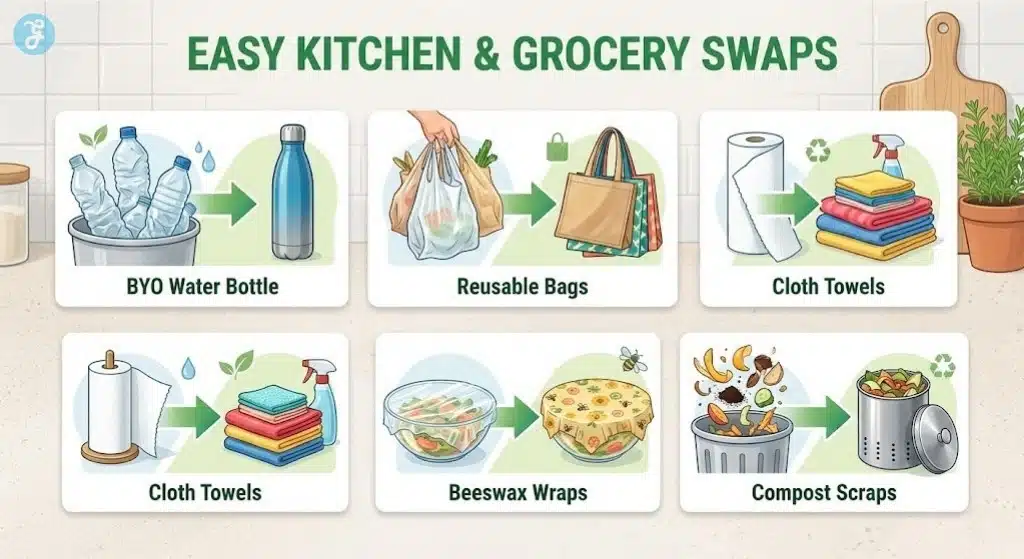 Visual guide showing 5 easy kitchen swaps including reusable water bottles, cloth bags, cloth towels, beeswax wraps, and composting.