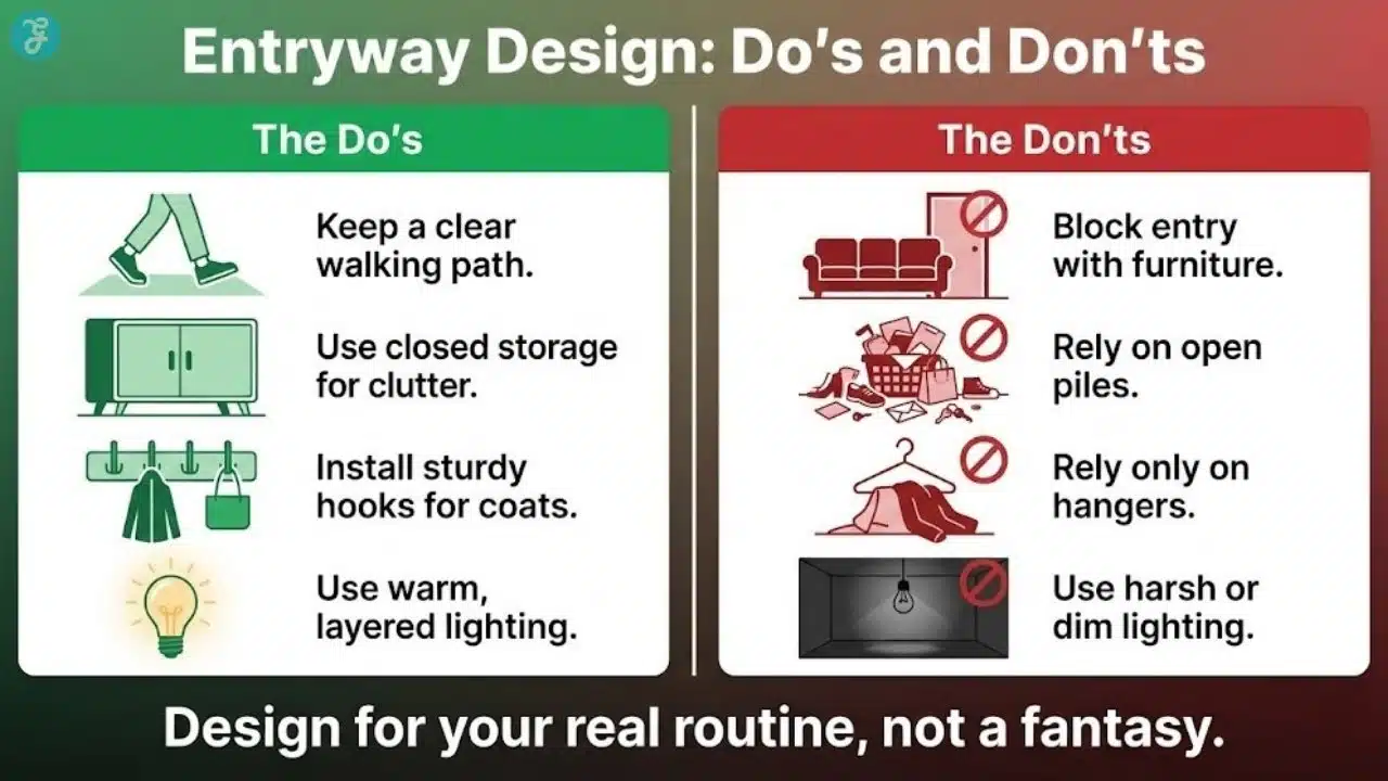 Split-screen infographic titled 'Entryway Design: Do's and Don'ts' highlighting best practices like keeping a clear path versus common mistakes like using bulky furniture.