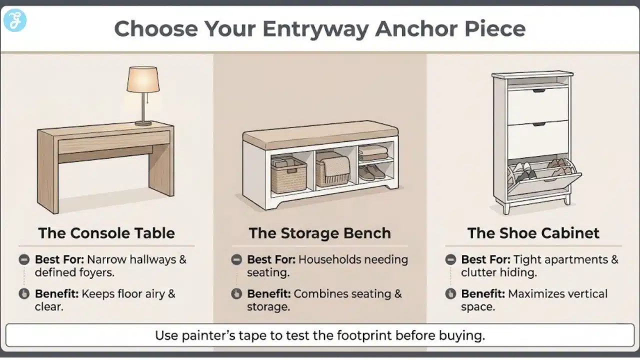 Infographic titled 'Choose Your Entryway Anchor Piece' comparing three furniture options: a console table for narrow halls, a storage bench for seating needs, and a slim shoe cabinet for tight spaces.