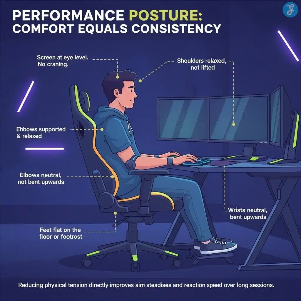 Illustration showing the correct sitting posture for consistent gaming aim and reduced fatigue.
