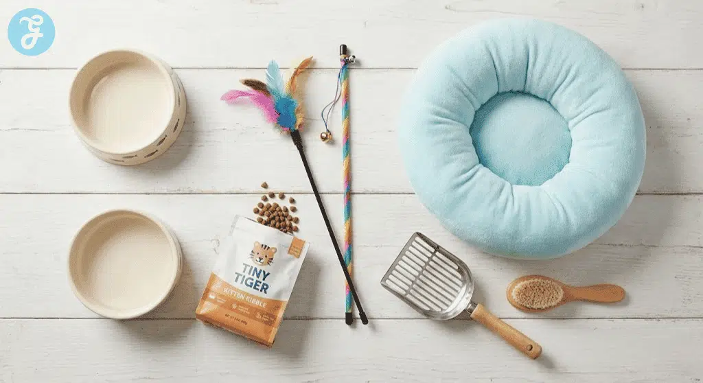 A flat-lay photograph showing essential kitten supplies including food bowls, toys, a bed, and grooming tools.