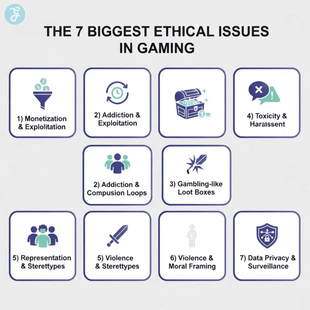 Infographic highlighting seven ethical issues in gaming: monetization, addiction, loot boxes, toxicity, representation, violence, and data privacy.