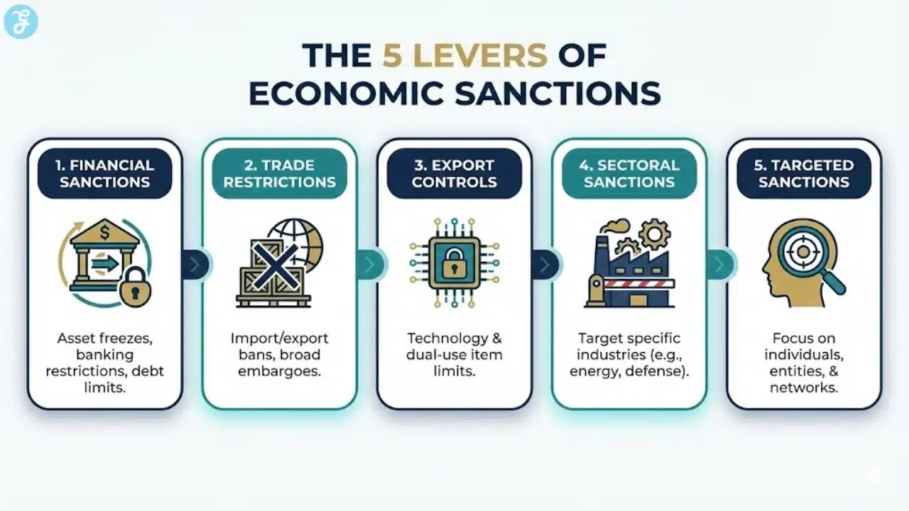 A clean infographic breaking down the five types of economic sanctions: Financial, Trade, Export Controls, Sectoral, and Targeted, using professional icons and a consistent 3-color palette.