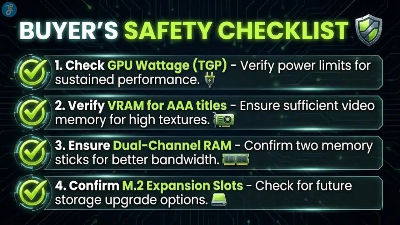A scannable 1280x720 checklist infographic for gaming laptop buyers, highlighting critical checks for GPU wattage (TGP), VRAM capacity, dual-channel RAM, and internal cooling efficiency.