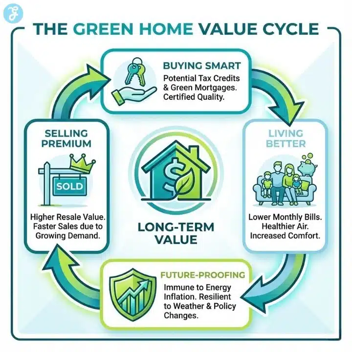 A square infographic illustrating the cyclical financial and lifestyle benefits of buying, owning, and eventually selling a green home.