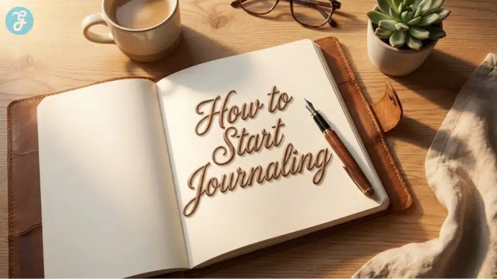 A featured image titled How to Start Journaling, displaying a cozy desk setup with a notebook, pen, and coffee, inviting beginners to write.