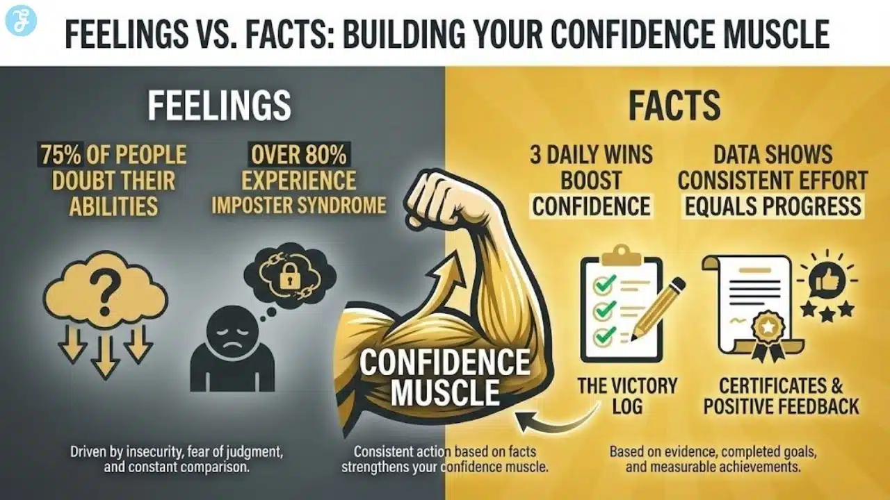 A comparison infographic showing the difference between emotional insecurity and factual achievements to overcome imposter syndrome.