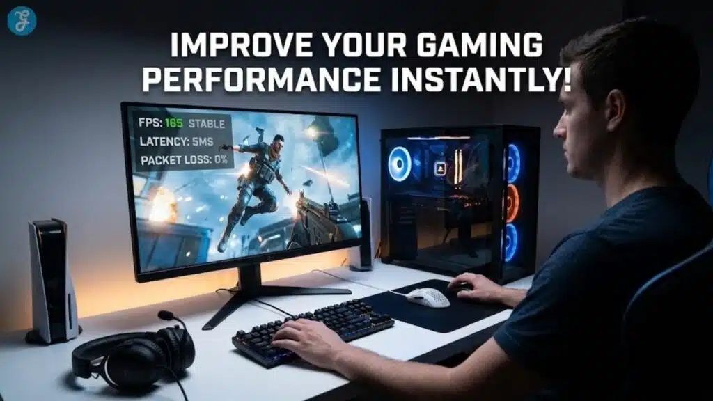 High-performance gaming setup with clear monitor display and low-latency peripherals. n Improve Your Gaming Performance Instantly