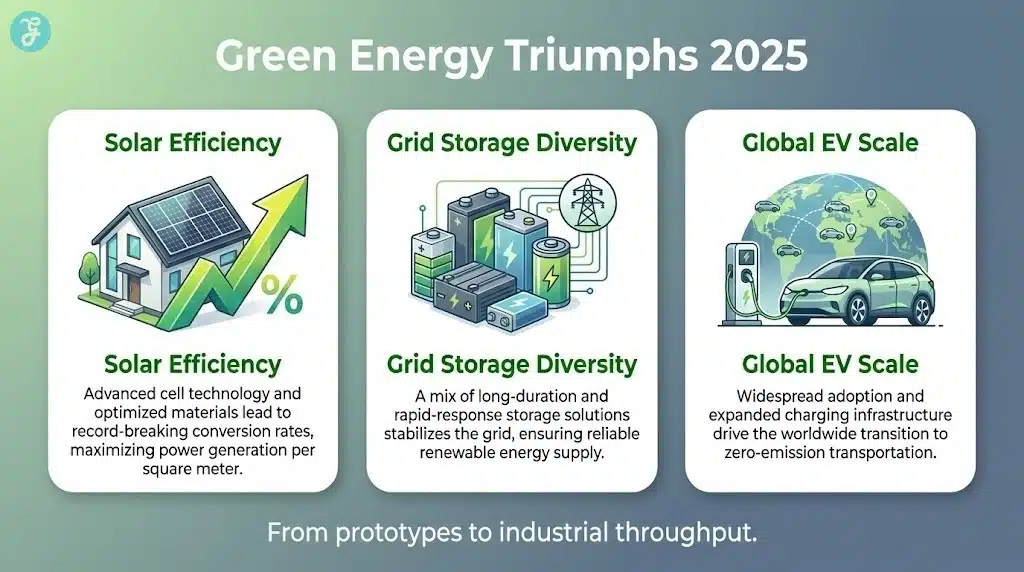 An infographic titled "Green Energy Triumphs 2025" highlighting three pillars: Solar Efficiency, Grid Storage, and EV Scale, visualized with modern flat illustrations and upward trending data lines.
