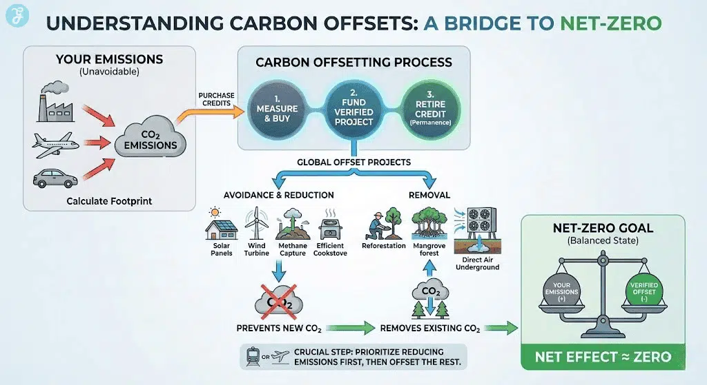 Infographic illustrating the step-by-step carbon offset process, from calculating emissions to funding verified projects and achieving net-zero.
