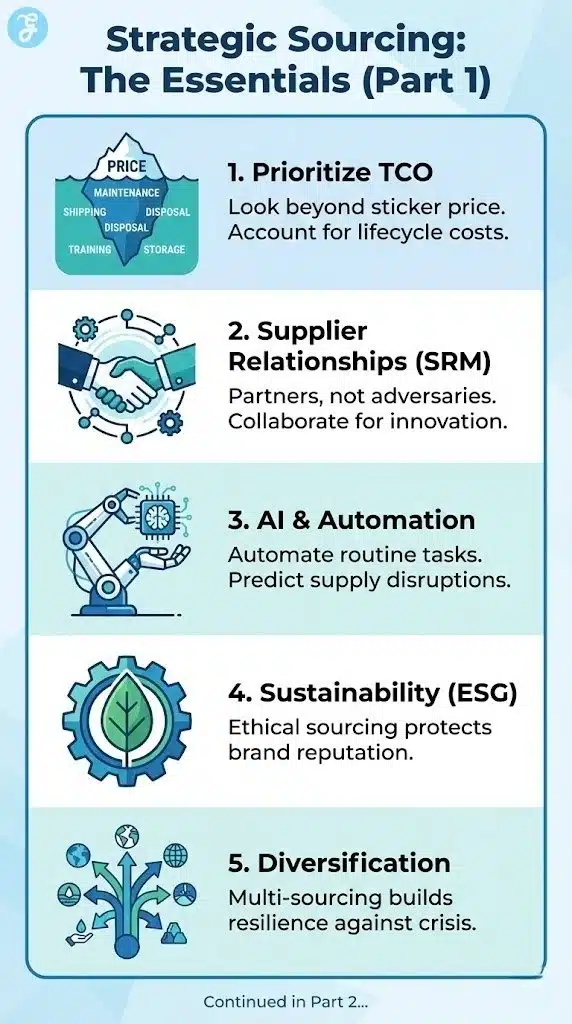Vertical infographic illustrating the final five sourcing approaches: Nearshoring, Category Management, Data-Driven Decisions, Agile Procurement, and Collaborative Sourcing.