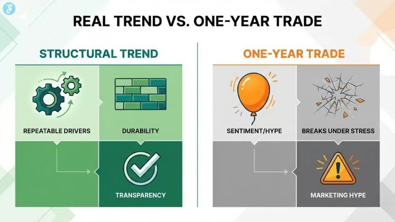 A comparison infographic distinguishing between 'Structural Trends' and 'One-Year Trades' using icons for durability, incentives, and transparency.