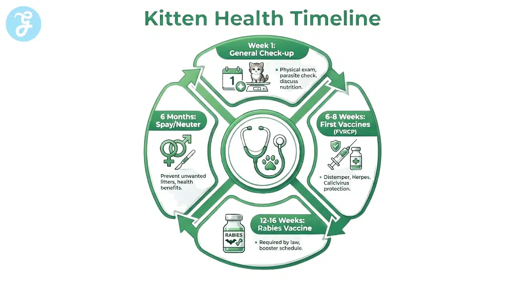 An infographic outlining the kitten veterinary care schedule, including check-ups, vaccines, and spaying/neutering timelines.