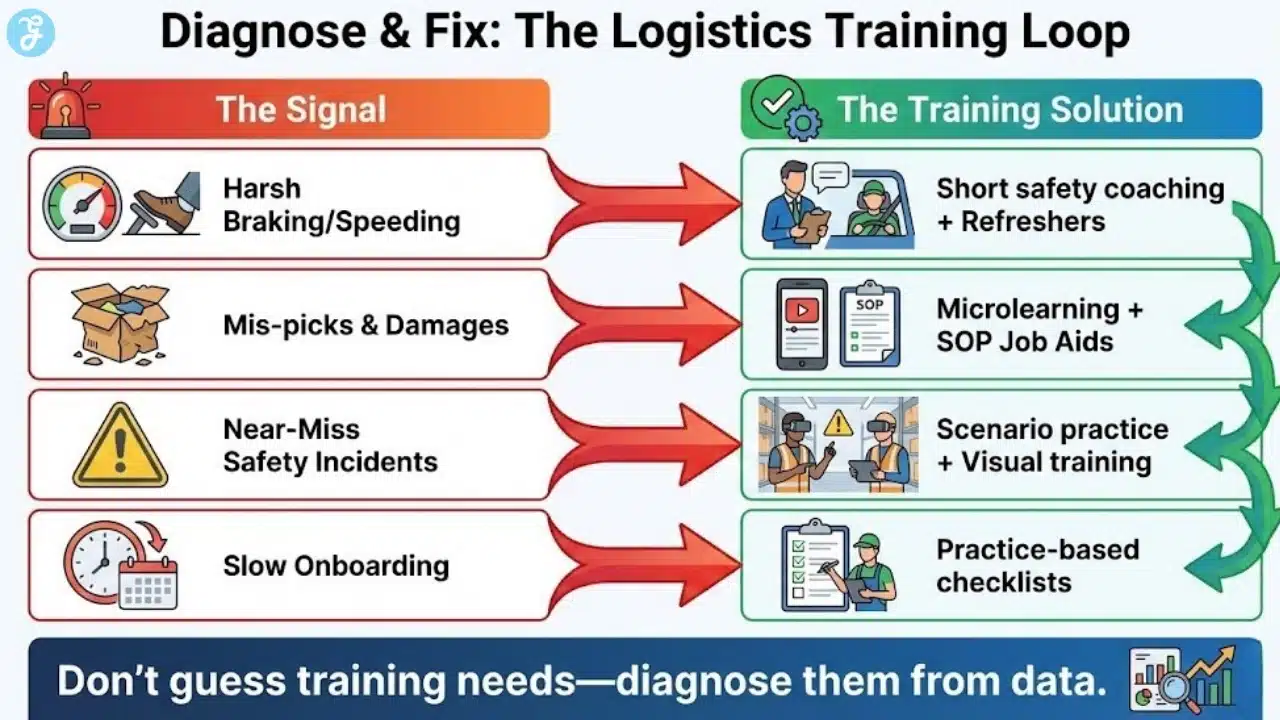 Flowchart illustrating how to diagnose logistics training needs by matching operational signals like harsh braking or damages to specific training solutions.