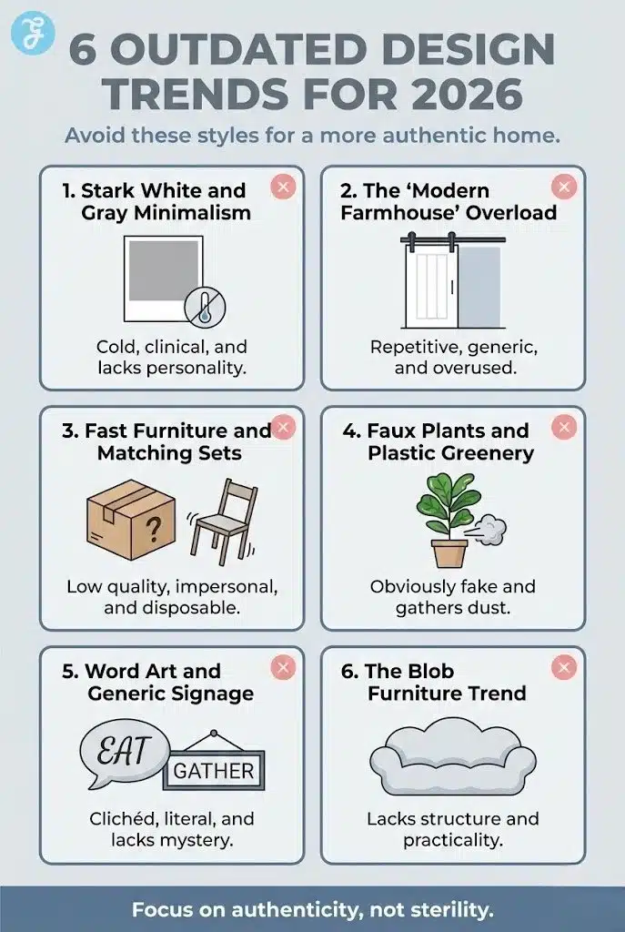 Infographic listing 6 outdated interior design trends including modern farmhouse, fast furniture, and word art.