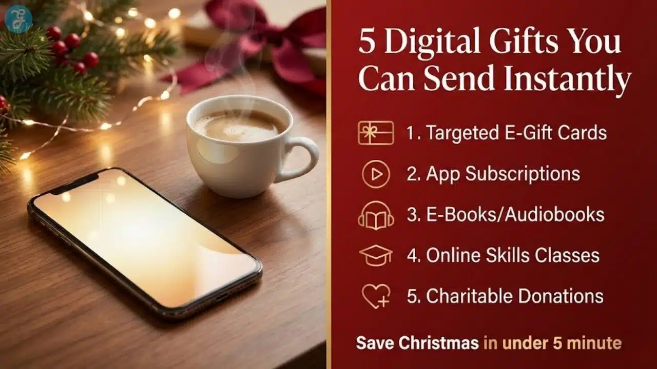 A high-end featured image showcasing five digital gift ideas for Christmas Eve, featuring a smartphone on a festive desk.
