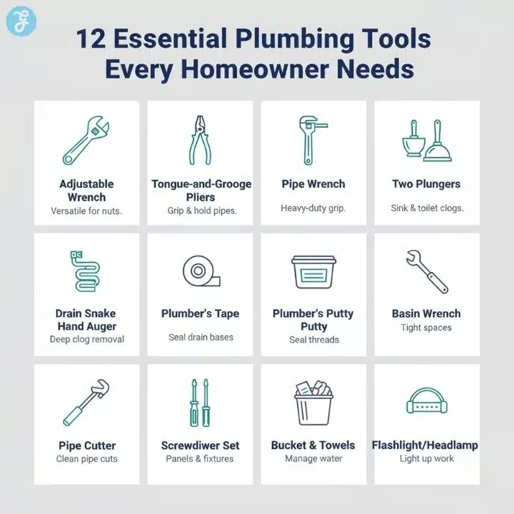 Infographic categorizing essential plumbing tools into Turning, Unclogging, Sealing, and Access, with icons for wrenches, plungers, and tape.