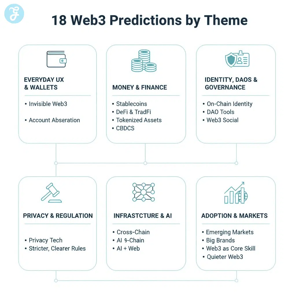 Infographic grouping 18 Web3 predictions into themes like UX, finance, identity, regulation, infrastructure, and adoption.