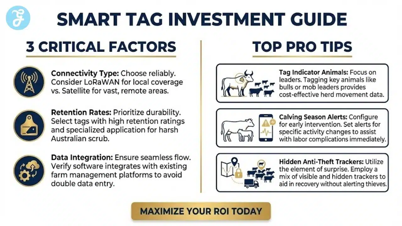 An infographic titled "Smart Tag Investment Guide" split into two sections: "3 Things to Consider" (Connectivity, Retention, Integration) and "Top Pro Tips" (Indicator Animals, Calving Alerts, Hidden Trackers).