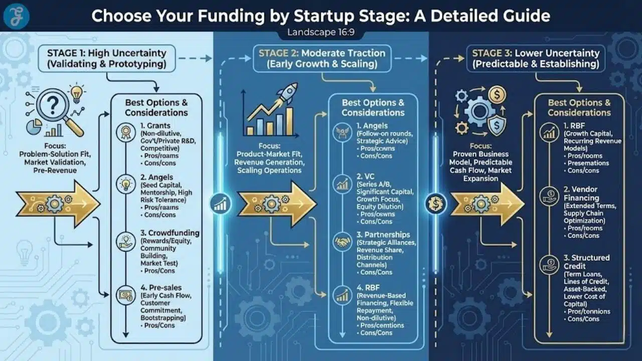 Flowchart titled "Choose Your Funding by Startup Stage," illustrating funding options progression from Stage 1 (High Uncertainty) to Stage 3 (Lower Uncertainty).