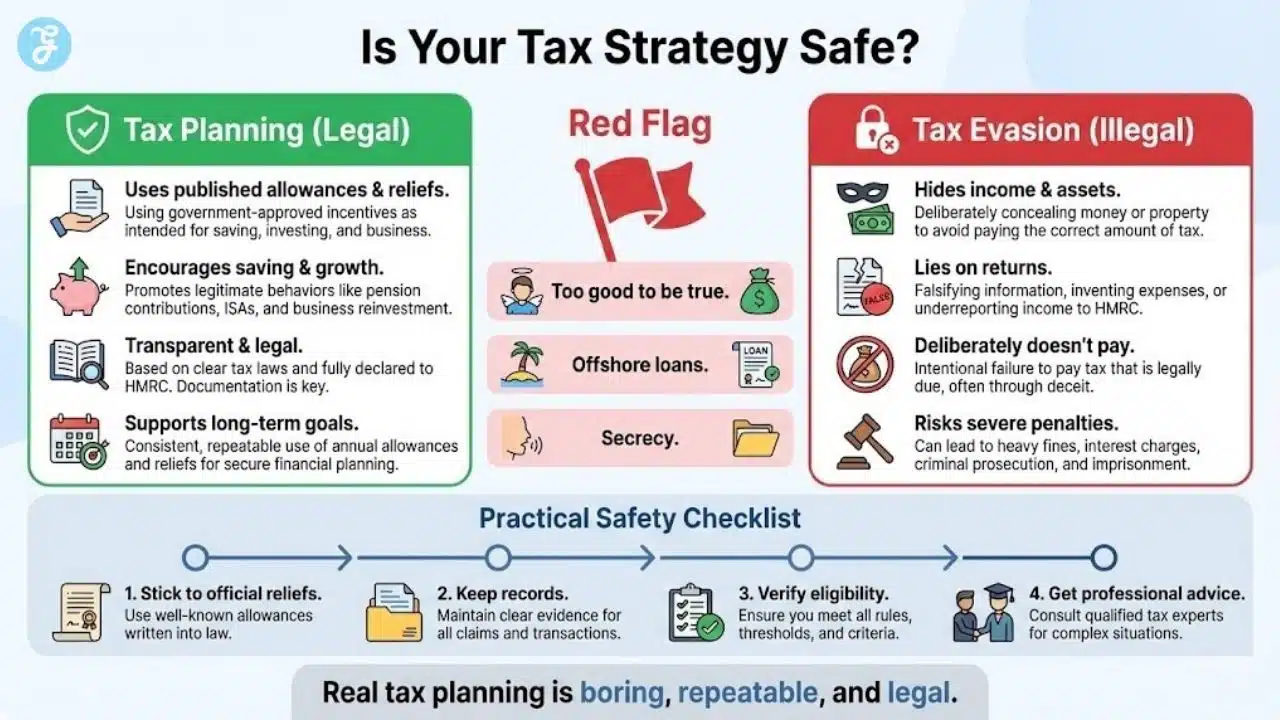 A comparative infographic showing the difference between legal tax planning and illegal tax evasion, including a red flag checklist.