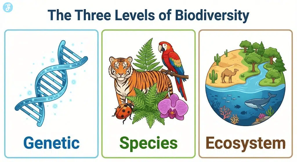 A three-panel infographic illustrating the three levels of biodiversity: genetic diversity, species diversity, and ecosystem diversity.