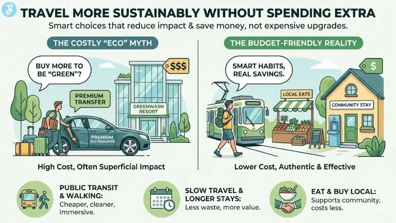 A professional 1280x720 infographic titled "Travel More Sustainably Without Spending Extra" comparing the costly "Eco" myth of luxury resorts and premium transfers against the budget-friendly reality of public transit, community stays, and local food.