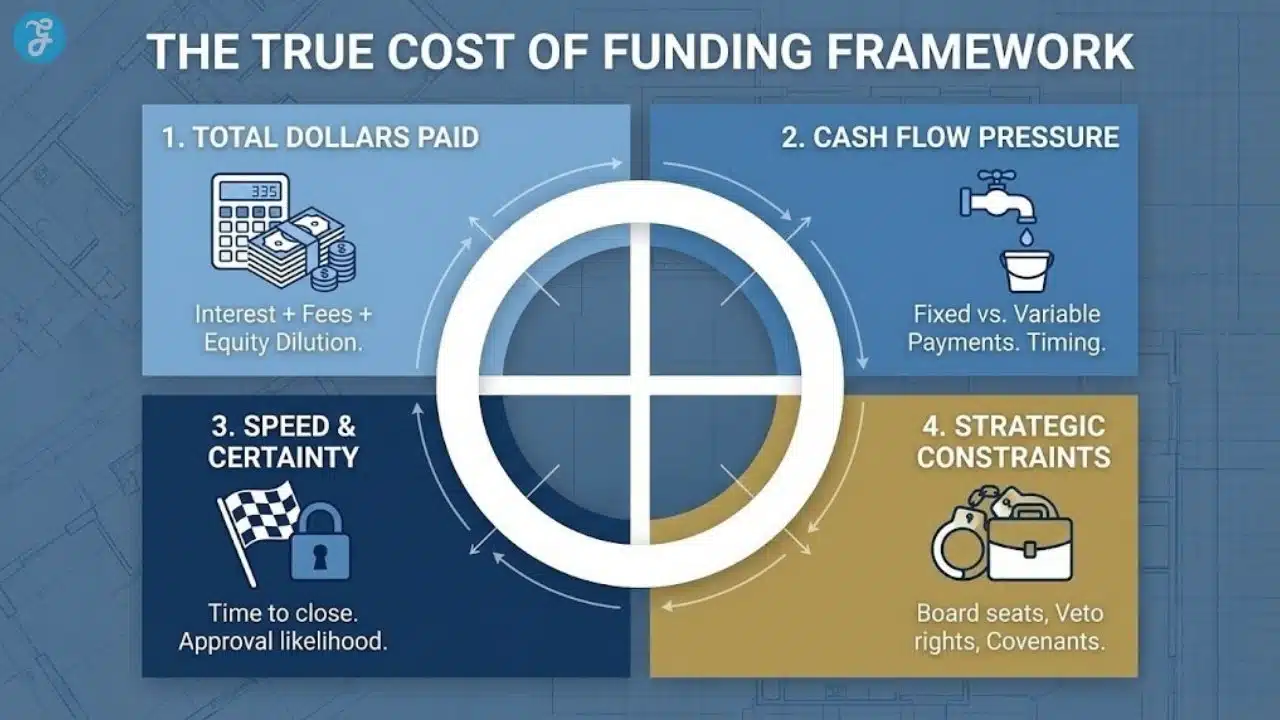 Infographic titled "The True Cost of Funding Framework" outlining four key factors: Total Dollars Paid, Cash Flow Pressure, Speed & Certainty, and Strategic Constraints.