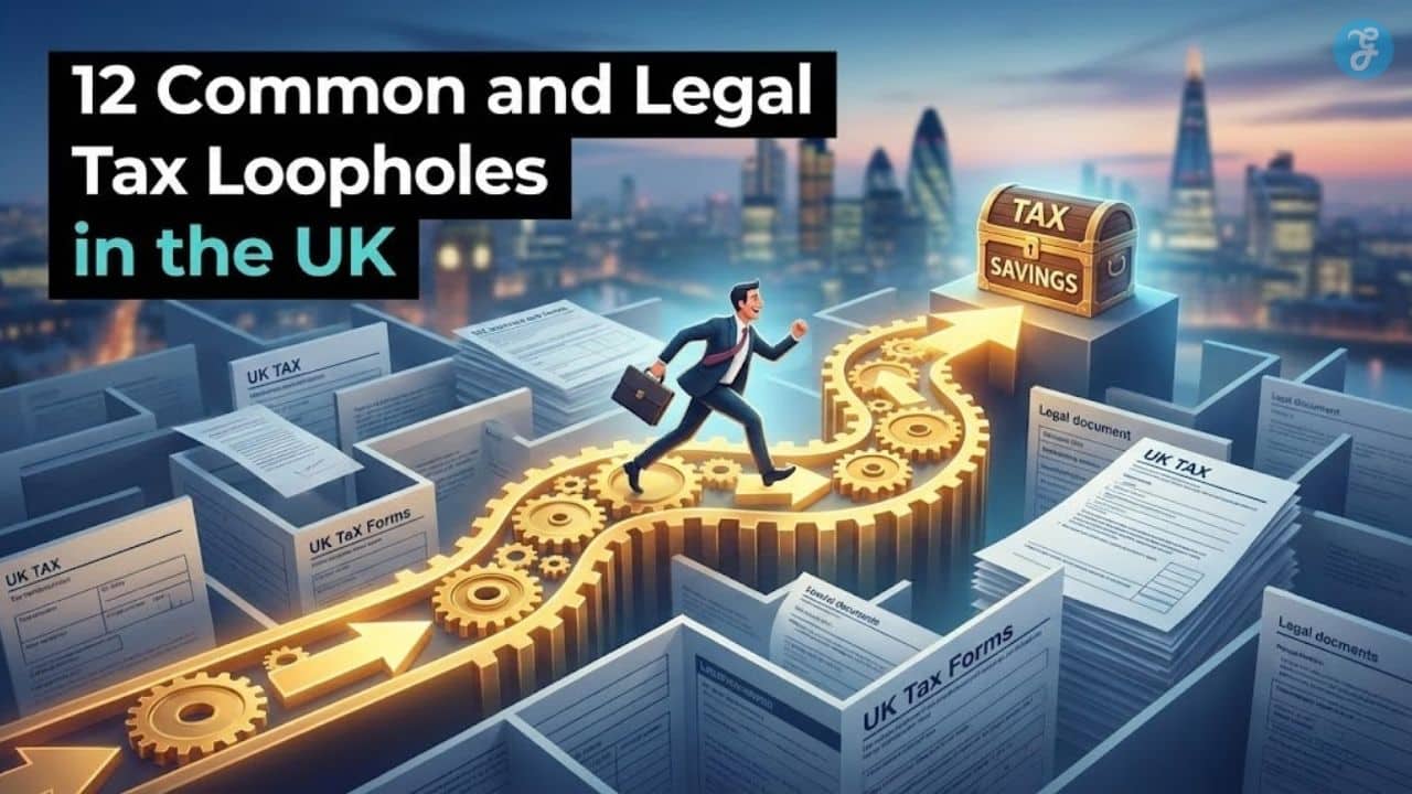A professional 16:9 featured image for an article on UK tax loopholes, displaying a clean workspace with a calculator, tax documents, and sterling pound symbols, styled with a modern and professional aesthetic. Common and Legal Tax Loopholes in UK